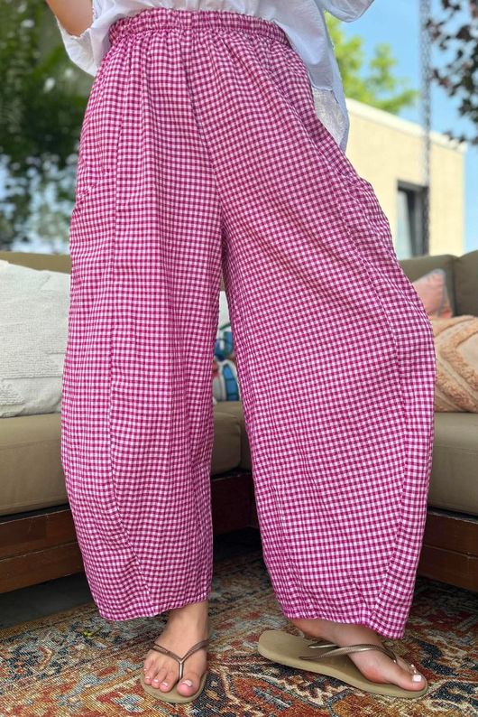 Arbi Gingham Relaxed Barrel Pant Magenta